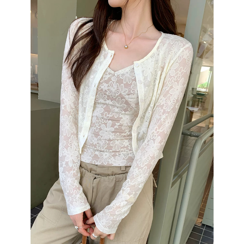 【BANKO】Bộ Đồ Nữ Phong Cách Pháp Mùa Xuân Áo Yếm Ren Mơ Mộng & Jacket Dài Tay Mỏng