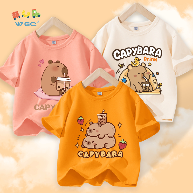 W.G.Q Áo thun bé gái，vải 100% Cotton in capybara，mềm mại thoải mái thoáng khí thấm mồ hôi，phong cách bán chạy mùa hè