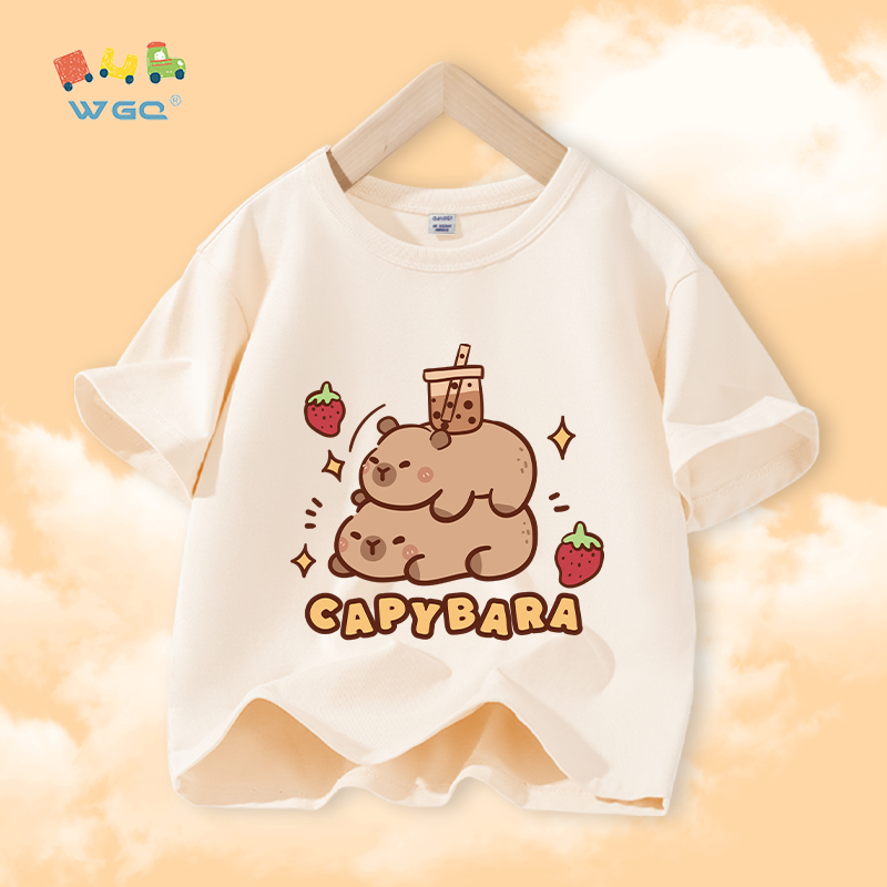 W.G.Q Áo thun bé gái，vải 100% Cotton in capybara，mềm mại thoải mái thoáng khí thấm mồ hôi，phong cách bán chạy mùa hè