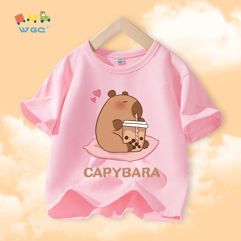 W.G.Q Áo thun bé gái，vải 100% Cotton in capybara，mềm mại thoải mái thoáng khí thấm mồ hôi，phong cách bán chạy mùa hè