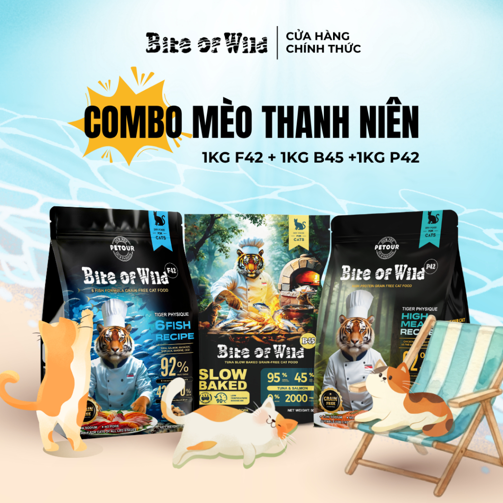 Combo Mèo Thanh Niên Bite Of Wild F42 + B45 + P42 gói 1kg 42% - 45% protein, không chứa ngũ cốc cho mèo mọi lứa tuổi