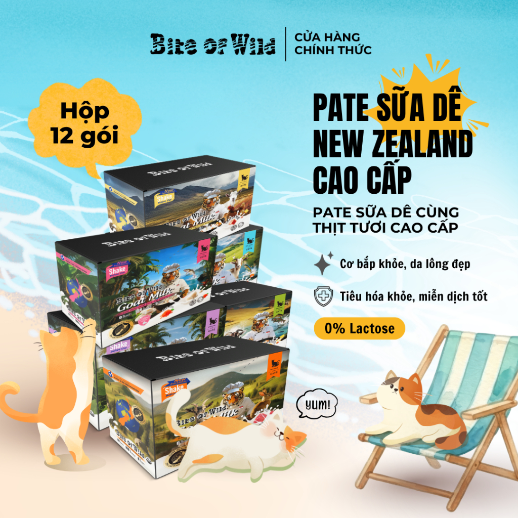 [MỚI] Pate Cao Cấp Bite of Wild Hộp 12 Gói 70G Công Thức Sữa Dê Mix Cá Ngừ, Cá Hồi Và Gà Bổ Sung Dinh Dưỡng