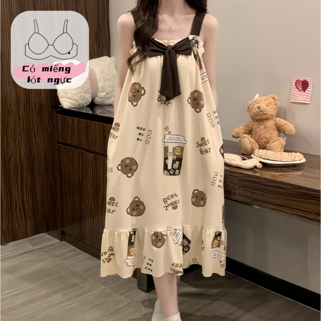 【Đầm ngủ có đệm ngực】Set đầm ngủ nữ dây cotton xuân thu in hình đáng yêu mặc nhà thoải mái chất liệu thoáng mát