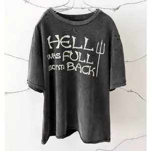 Vintage Rửa Đau Khổ Punk Áo Nam Quá Khổ Địa Ngục Đầu Lâu Rách Dạo Phố Tee