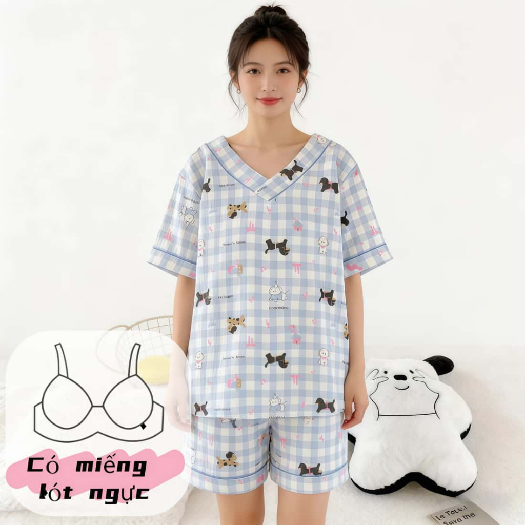【Mẫu có đệm ngực】Bộ đồ ngủ nữ tay ngắn quần short cotton cổ trơn xuân hè 2026 in hình đáng yêu thoáng mát mặc nhà mặc ngoài