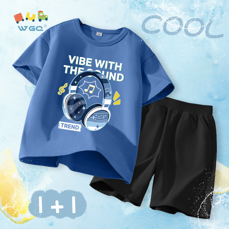W.G.Q Bộ đồ bé trai，Bộ đồ áo thun và quần short，Vải Cotton nguyên chất mềm mại thoải mái khi in tai nghe，Sản phẩm bán chạy mùa hè