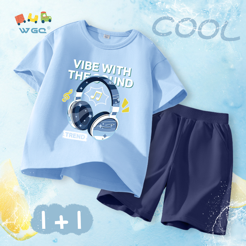 W.G.Q Bộ đồ bé trai，Bộ đồ áo thun và quần short，Vải Cotton nguyên chất mềm mại thoải mái khi in tai nghe，Sản phẩm bán chạy mùa hè