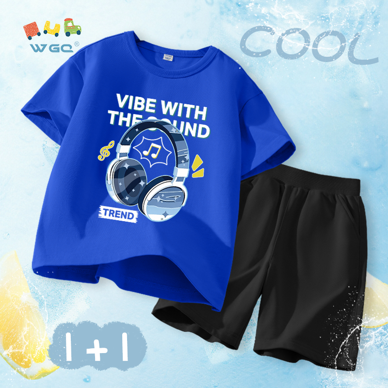 W.G.Q Bộ đồ bé trai，Bộ đồ áo thun và quần short，Vải Cotton nguyên chất mềm mại thoải mái khi in tai nghe，Sản phẩm bán chạy mùa hè