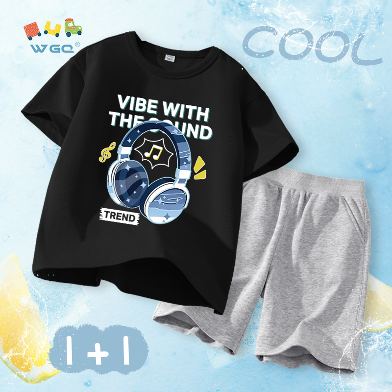 W.G.Q Bộ đồ bé trai，Bộ đồ áo thun và quần short，Vải Cotton nguyên chất mềm mại thoải mái khi in tai nghe，Sản phẩm bán chạy mùa hè