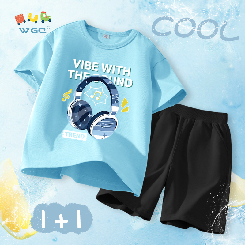 W.G.Q Bộ đồ bé trai，Bộ đồ áo thun và quần short，Vải Cotton nguyên chất mềm mại thoải mái khi in tai nghe，Sản phẩm bán chạy mùa hè