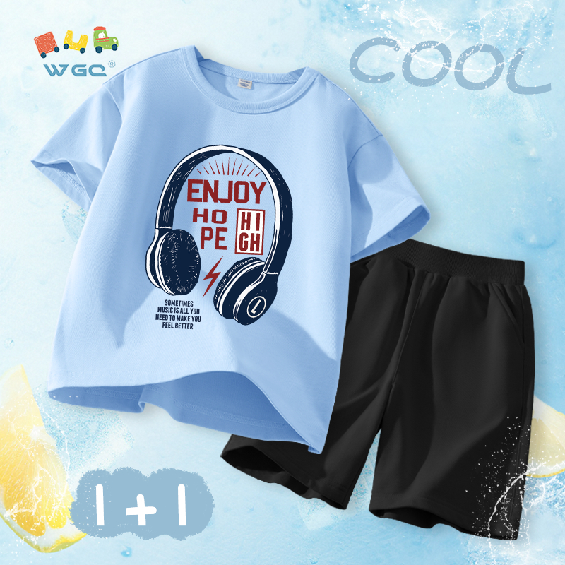 W.G.Q Bộ đồ bé trai，Áo thun và quần short có in，Vải Cotton nguyên chất mềm mại thoải mái，thấm mồ hôi thoáng khí，Sản phẩm bán chạy mùa hè