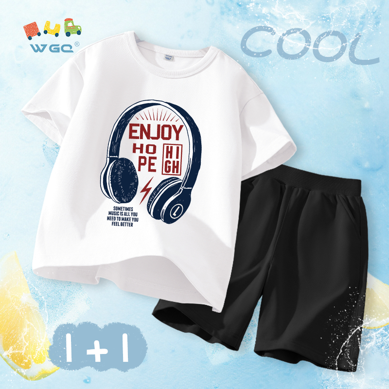 W.G.Q Bộ đồ bé trai，Áo thun và quần short có in，Vải Cotton nguyên chất mềm mại thoải mái，thấm mồ hôi thoáng khí，Sản phẩm bán chạy mùa hè