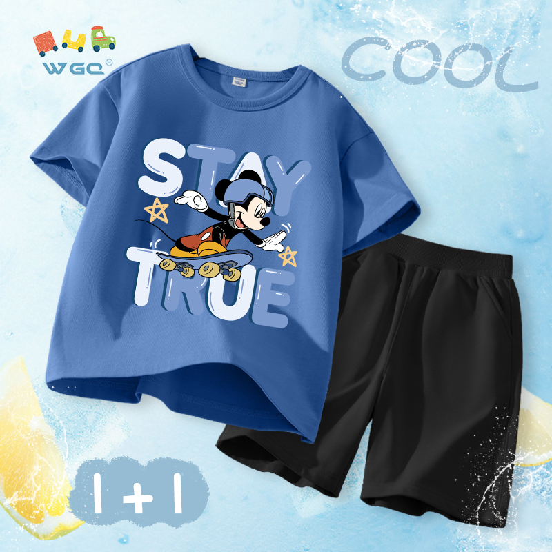 W.G.Q Bộ đồ bé trai，Áo thun và quần short có in hình Disney，Vải Cotton nguyên chất mềm mại thoải mái，thấm mồ hôi thoáng khí，Sản phẩm bán chạy mùa hè