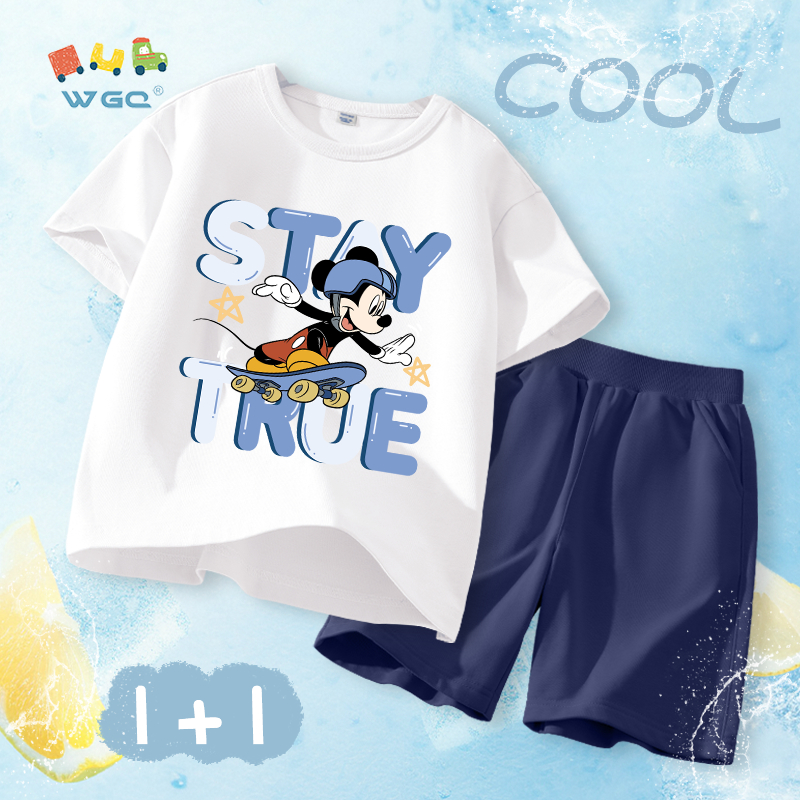 W.G.Q Bộ đồ bé trai，Áo thun và quần short có in hình Disney，Vải Cotton nguyên chất mềm mại thoải mái，thấm mồ hôi thoáng khí，Sản phẩm bán chạy mùa hè