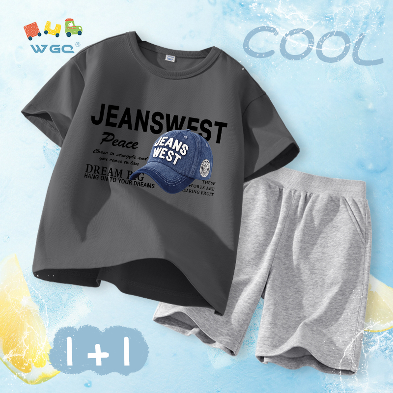 W.G.Q Bộ đồ bé trai，Áo thun và quần short có in mũ，Vải Cotton nguyên chất mềm mại thoải mái，thấm mồ hôi thoáng khí，Sản phẩm bán chạy mùa hè