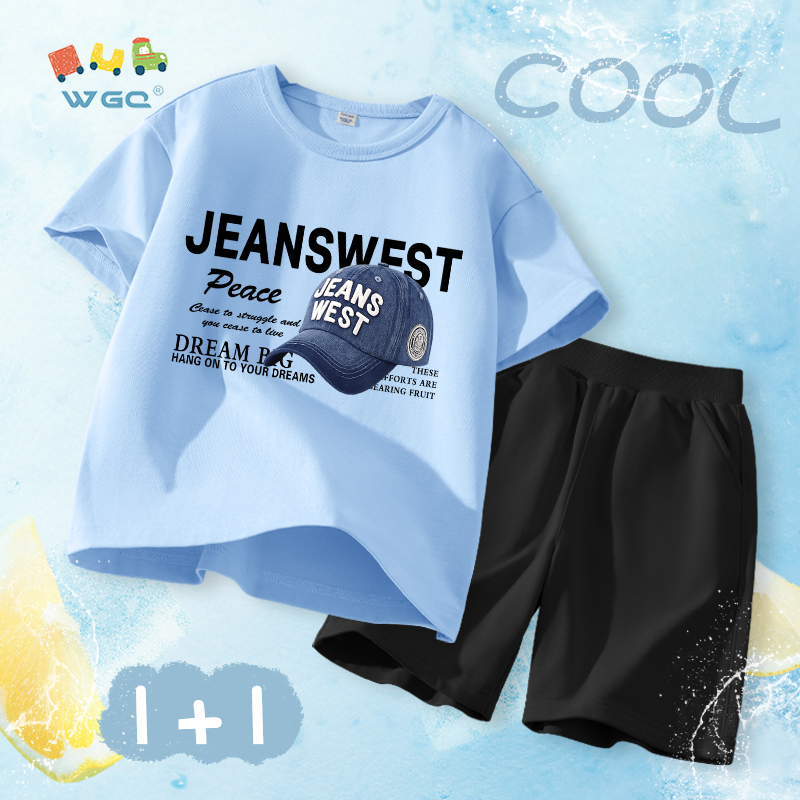W.G.Q Bộ đồ bé trai，Áo thun và quần short có in mũ，Vải Cotton nguyên chất mềm mại thoải mái，thấm mồ hôi thoáng khí，Sản phẩm bán chạy mùa hè