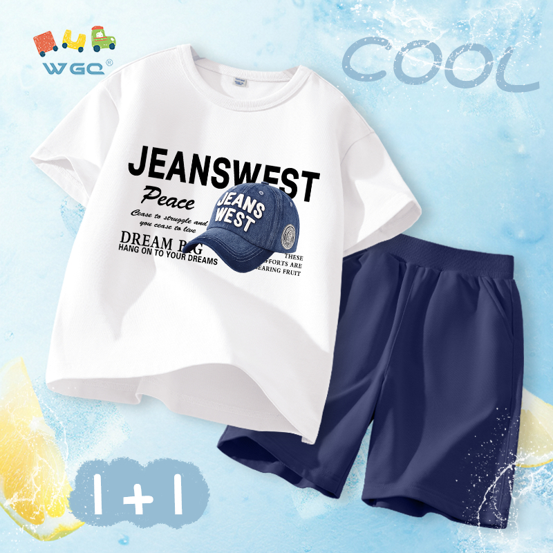 W.G.Q Bộ đồ bé trai，Áo thun và quần short có in mũ，Vải Cotton nguyên chất mềm mại thoải mái，thấm mồ hôi thoáng khí，Sản phẩm bán chạy mùa hè