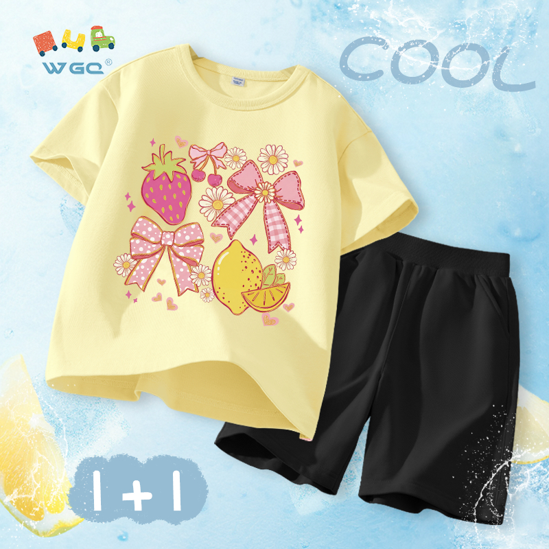 W.G.Q Bộ đồ bé gái，áo thun và quần short phù hợp với in nơ，vải Cotton nguyên chất mềm mại thoải mái，thấm mồ hôi thoáng khí，Sản phẩm bán chạy mùa hè