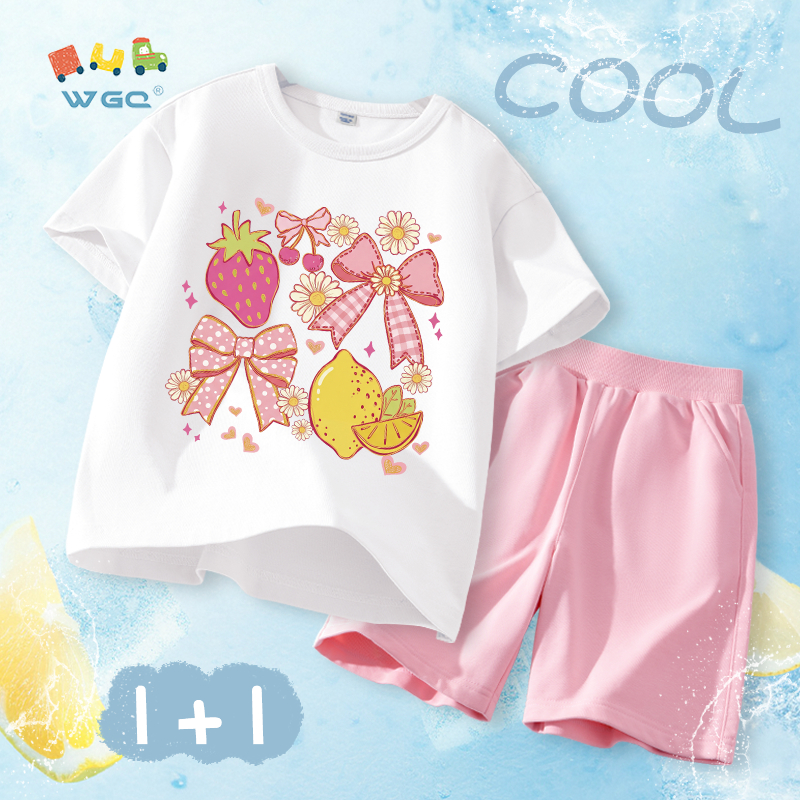 W.G.Q Bộ đồ bé gái，áo thun và quần short phù hợp với in nơ，vải Cotton nguyên chất mềm mại thoải mái，thấm mồ hôi thoáng khí，Sản phẩm bán chạy mùa hè