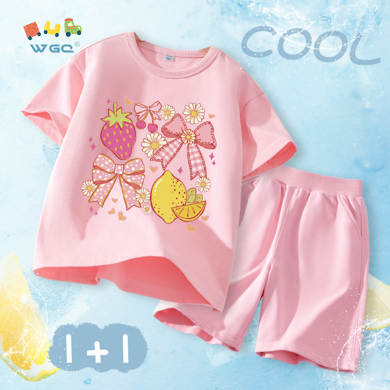 W.G.Q Bộ đồ bé gái，áo thun và quần short phù hợp với in nơ，vải Cotton nguyên chất mềm mại thoải mái，thấm mồ hôi thoáng khí，Sản phẩm bán chạy mùa hè