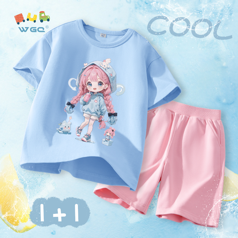 W.G.Q Bộ đồ bé gái，áo thun và quần short phù hợp với in hình dễ thương，vải Cotton nguyên chất mềm mại thoải mái