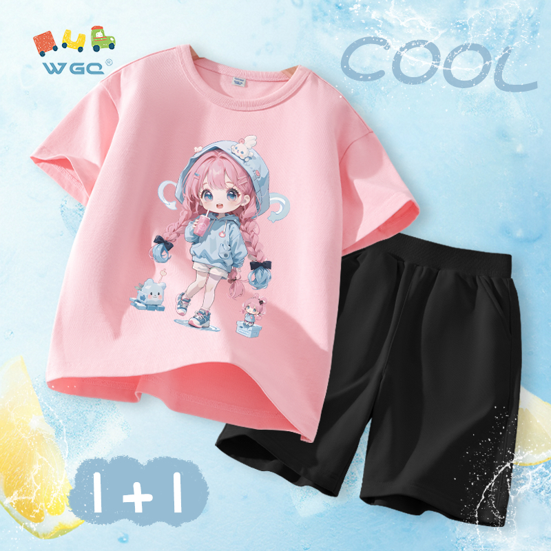 W.G.Q Bộ đồ bé gái，áo thun và quần short phù hợp với in hình dễ thương，vải Cotton nguyên chất mềm mại thoải mái