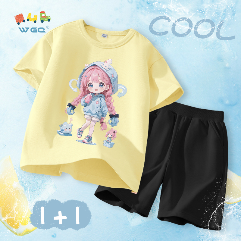 W.G.Q Bộ đồ bé gái，áo thun và quần short phù hợp với in hình dễ thương，vải Cotton nguyên chất mềm mại thoải mái