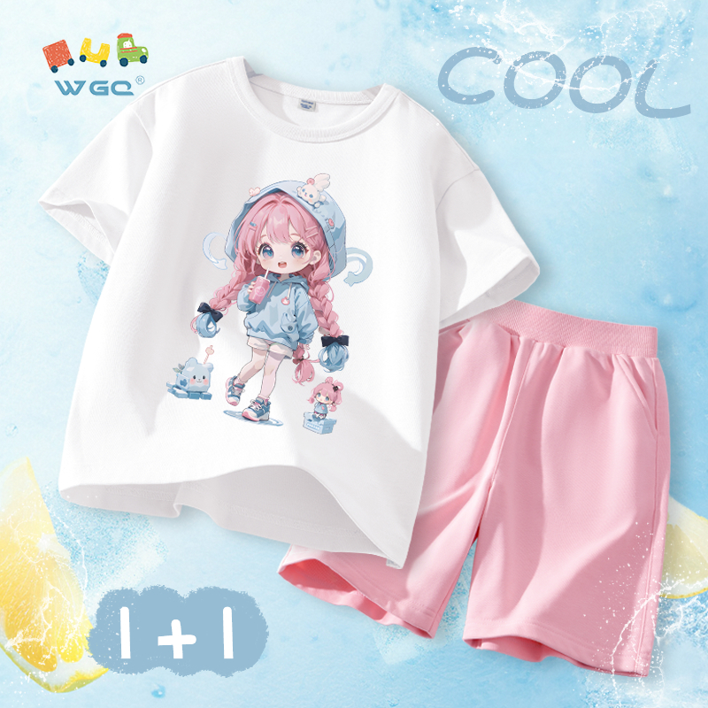 W.G.Q Bộ đồ bé gái，áo thun và quần short phù hợp với in hình dễ thương，vải Cotton nguyên chất mềm mại thoải mái