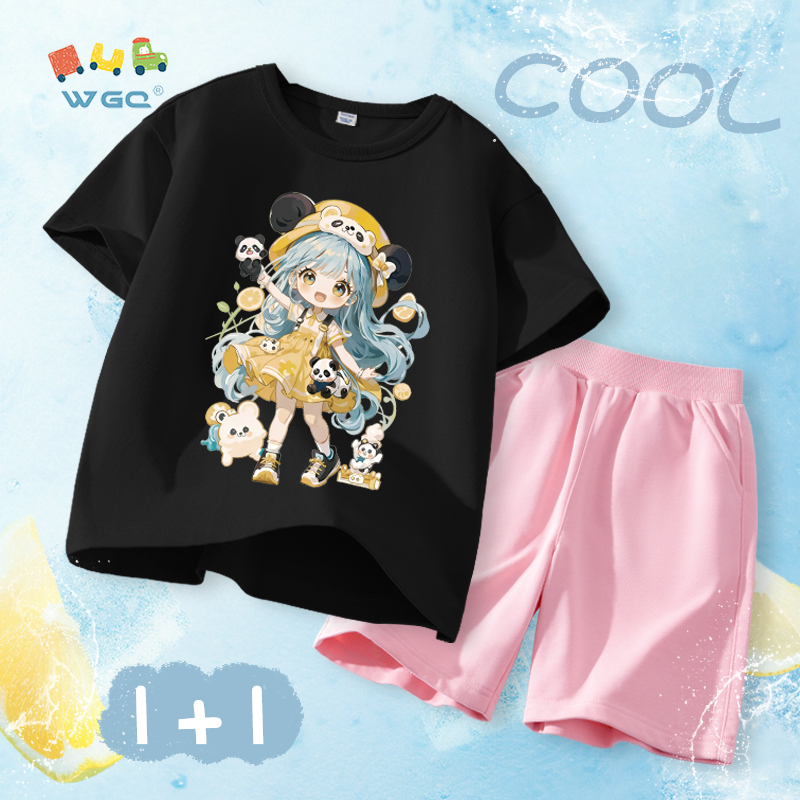 W.G.Q Bộ đồ bé gái，Áo thun và quần short có in，Vải Cotton nguyên chất mềm mại thoải mái，thấm mồ hôi thoáng khí