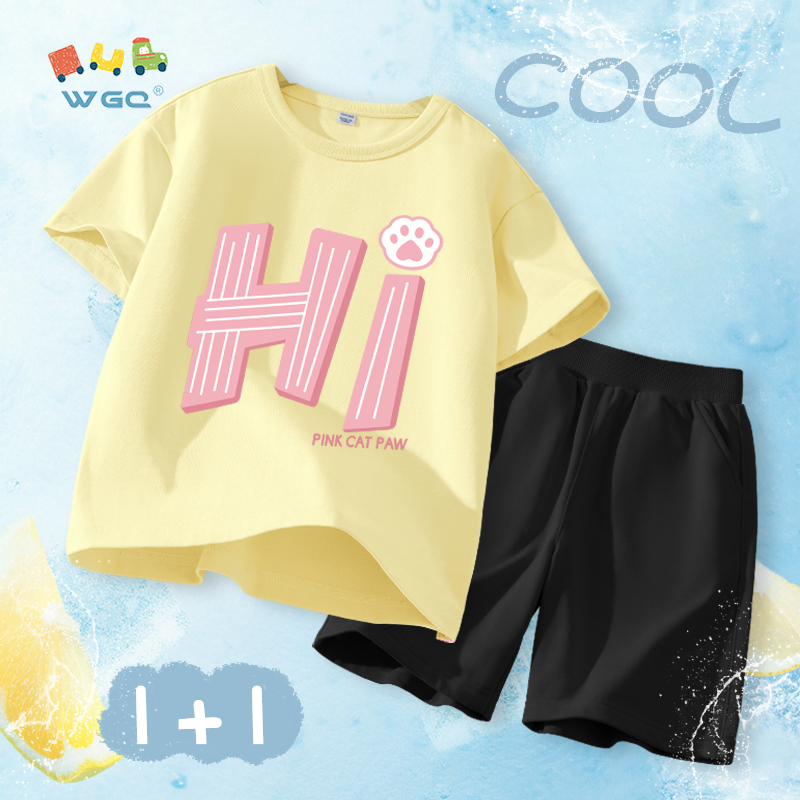 W.G.Q Bộ đồ bé gái，Áo thun và quần short có in chữ，Vải Cotton nguyên chất mềm mại thoải mái，thấm mồ hôi thoáng khí