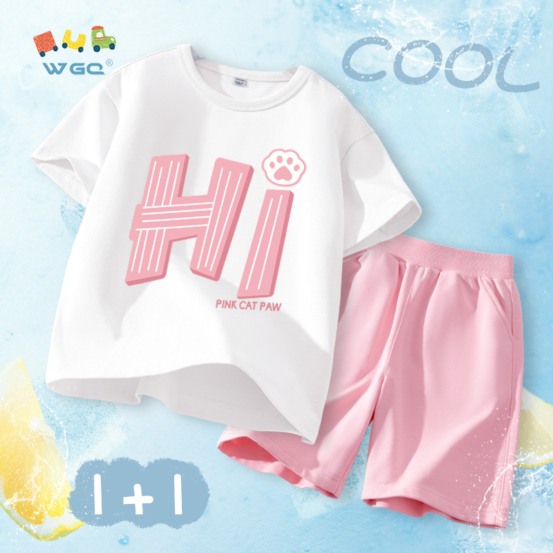 W.G.Q Bộ đồ bé gái，Áo thun và quần short có in chữ，Vải Cotton nguyên chất mềm mại thoải mái，thấm mồ hôi thoáng khí