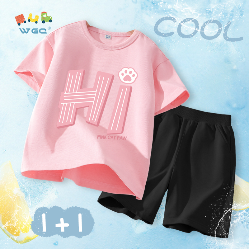 W.G.Q Bộ đồ bé gái，Áo thun và quần short có in chữ，Vải Cotton nguyên chất mềm mại thoải mái，thấm mồ hôi thoáng khí