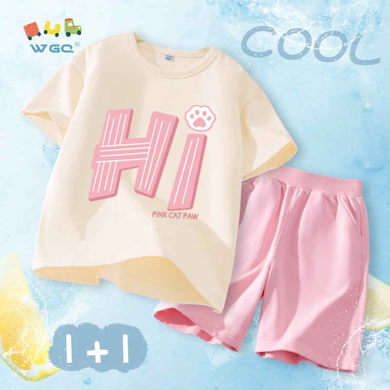 W.G.Q Bộ đồ bé gái，Áo thun và quần short có in chữ，Vải Cotton nguyên chất mềm mại thoải mái，thấm mồ hôi thoáng khí
