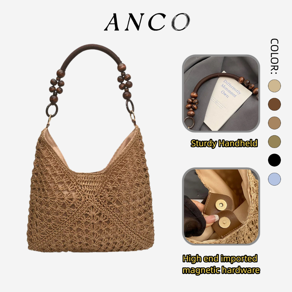 ANCO Túi du lịch công suất lớn dành cho nữ 2026 Mùa hè mới Dây bện Tott Handle Single Shoulder Beach Vacation Fashion