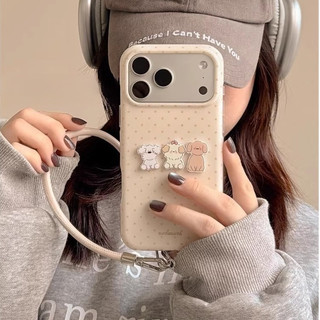 Hoạt Hình Dễ Thương 3D Ba Con Chó Con Sóng Điểm Silicon Mềm Wrsit Dây Đeo Ốp Lưng Điện Thoại Cho iPhone 17Promax 17Pro 14 15 16 Promax 13 Vỏ Nữ Chống Sốc