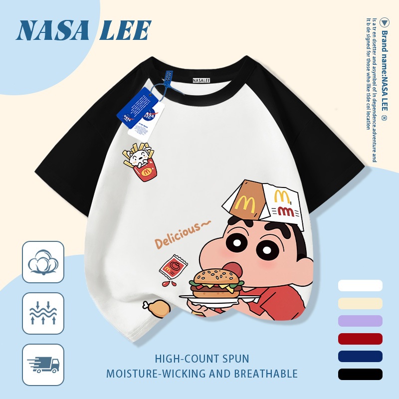 [Giao hàng trong ngày] Áo thun Cotton thoáng khí màu trắng cho trẻ em NASA Crayon Shin-Chan In hợp thời trang 3-16 tuổi Bé trai bé gái tay ngắn thông thường 1