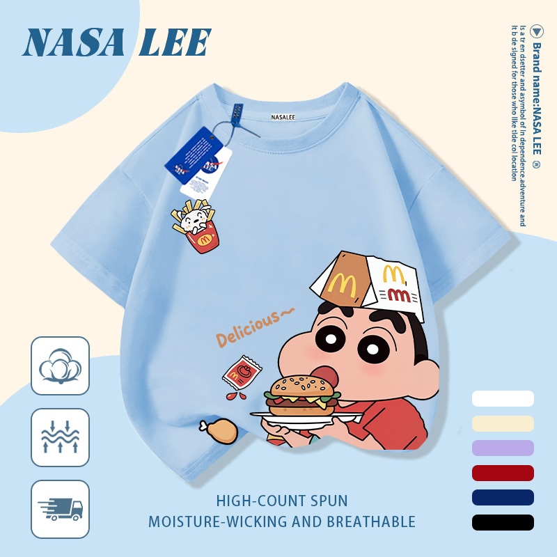 [Giao hàng trong ngày] Áo thun Cotton thoáng khí màu trắng cho trẻ em NASA Crayon Shin-Chan In hợp thời trang 3-16 tuổi Bé trai bé gái tay ngắn thông thường 1