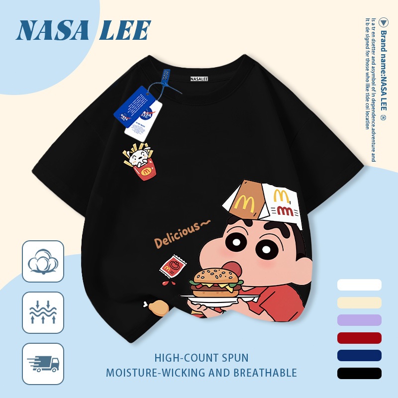 [Giao hàng trong ngày] Áo thun Cotton thoáng khí màu trắng cho trẻ em NASA Crayon Shin-Chan In hợp thời trang 3-16 tuổi Bé trai bé gái tay ngắn thông thường 1