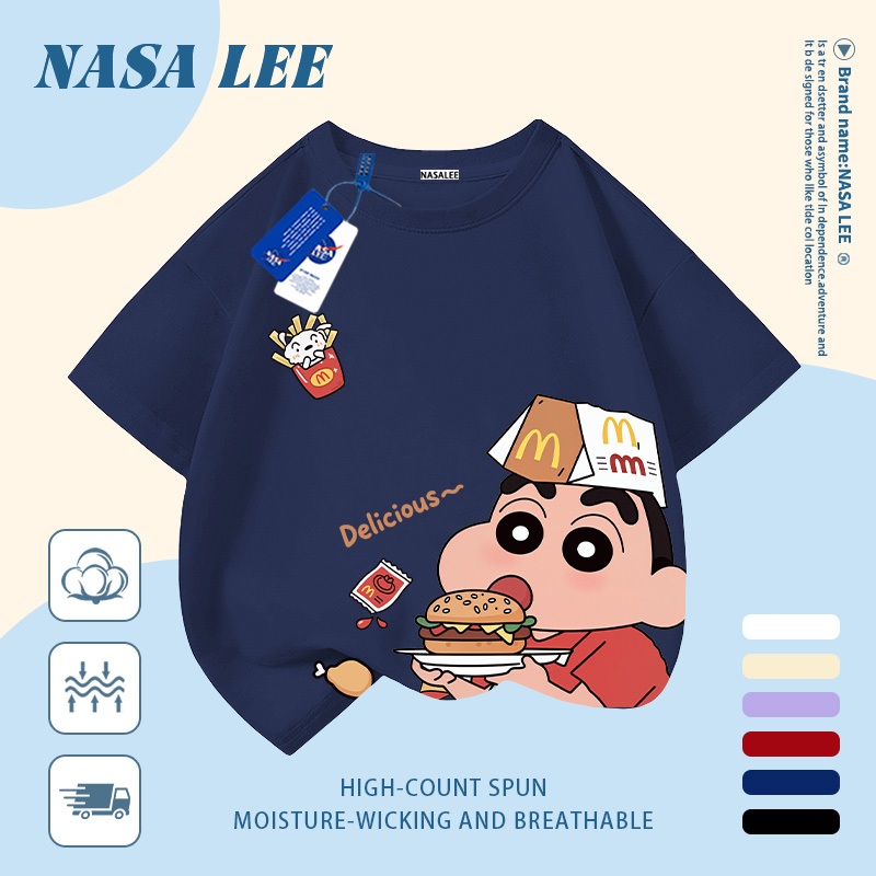 [Giao hàng trong ngày] Áo thun Cotton thoáng khí màu trắng cho trẻ em NASA Crayon Shin-Chan In hợp thời trang 3-16 tuổi Bé trai bé gái tay ngắn thông thường 1