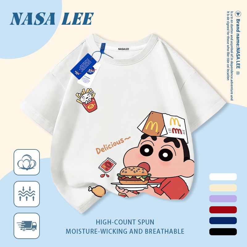 [Giao hàng trong ngày] Áo thun Cotton thoáng khí màu trắng cho trẻ em NASA Crayon Shin-Chan In hợp thời trang 3-16 tuổi Bé trai bé gái tay ngắn thông thường 1