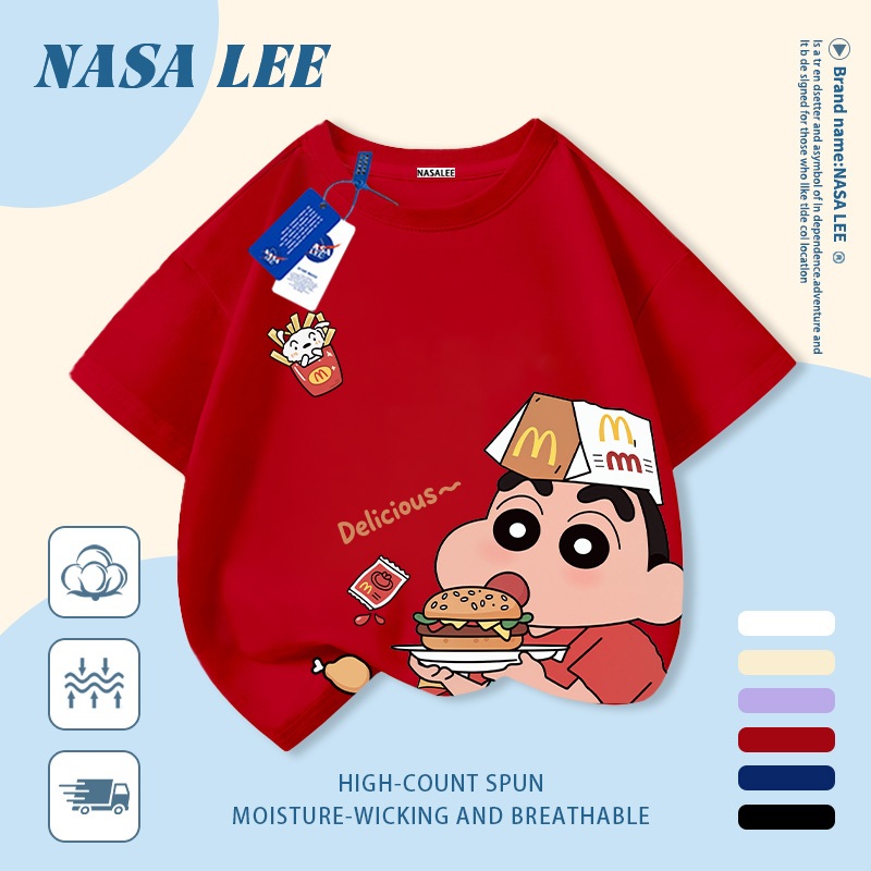 [Giao hàng trong ngày] Áo thun Cotton thoáng khí màu trắng cho trẻ em NASA Crayon Shin-Chan In hợp thời trang 3-16 tuổi Bé trai bé gái tay ngắn thông thường 1