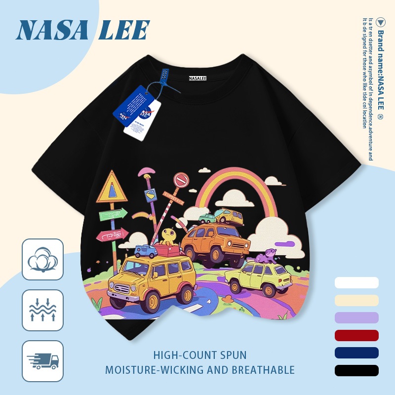 [Giao hàng trong ngày] Áo thun Cotton nguyên chất màu trắng cho trẻ em NASA Áo thun thoáng khí Rainbow Road Car In hình hợp thời trang 3-16 tuổi Bé trai bé gái tay ngắn thông thường 1