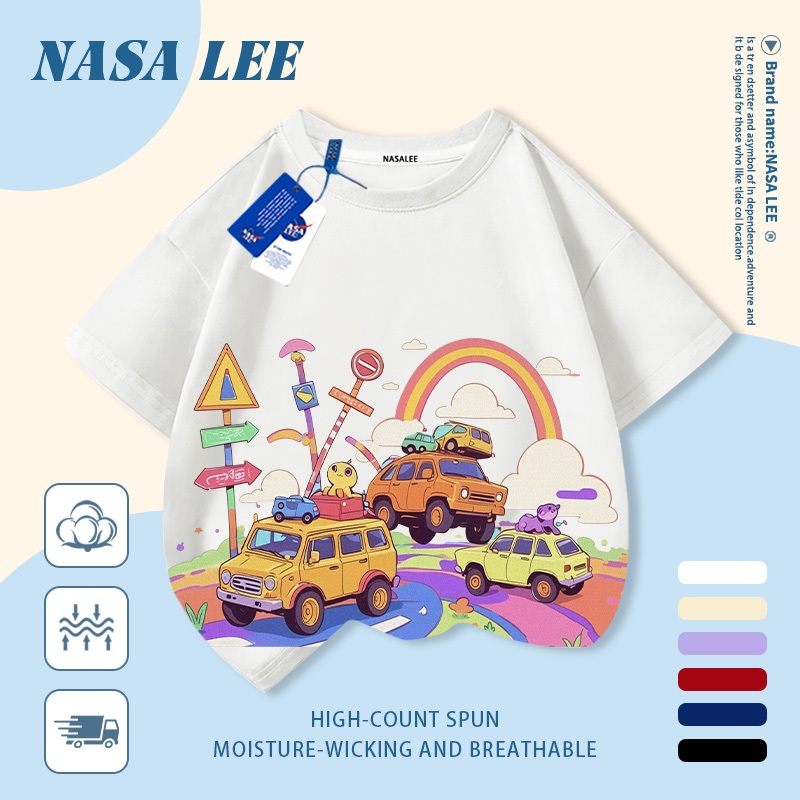 [Giao hàng trong ngày] Áo thun Cotton nguyên chất màu trắng cho trẻ em NASA Áo thun thoáng khí Rainbow Road Car In hình hợp thời trang 3-16 tuổi Bé trai bé gái tay ngắn thông thường 1