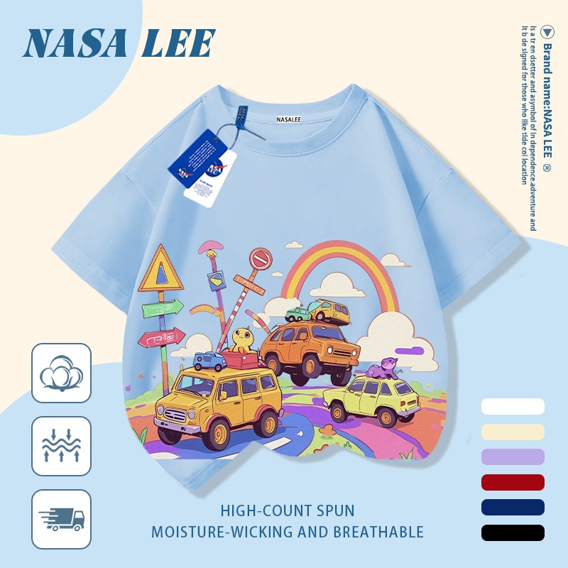 [Giao hàng trong ngày] Áo thun Cotton nguyên chất màu trắng cho trẻ em NASA Áo thun thoáng khí Rainbow Road Car In hình hợp thời trang 3-16 tuổi Bé trai bé gái tay ngắn thông thường 1