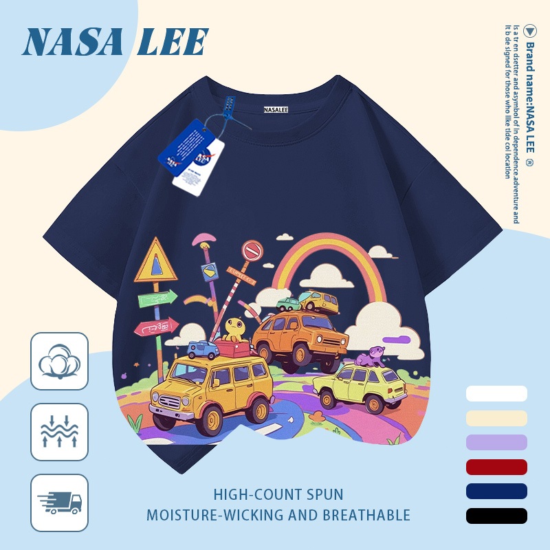 [Giao hàng trong ngày] Áo thun Cotton nguyên chất màu trắng cho trẻ em NASA Áo thun thoáng khí Rainbow Road Car In hình hợp thời trang 3-16 tuổi Bé trai bé gái tay ngắn thông thường 1