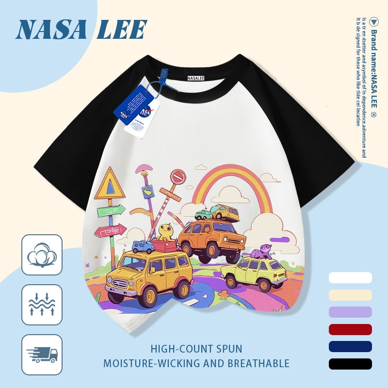 [Giao hàng trong ngày] Áo thun Cotton nguyên chất màu trắng cho trẻ em NASA Áo thun thoáng khí Rainbow Road Car In hình hợp thời trang 3-16 tuổi Bé trai bé gái tay ngắn thông thường 1