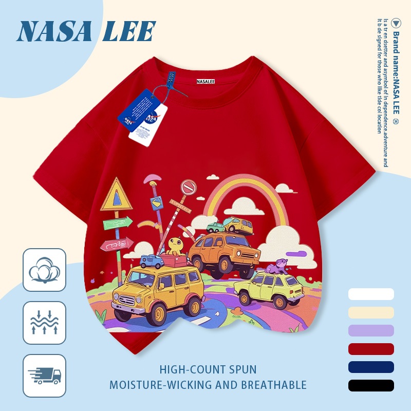 [Giao hàng trong ngày] Áo thun Cotton nguyên chất màu trắng cho trẻ em NASA Áo thun thoáng khí Rainbow Road Car In hình hợp thời trang 3-16 tuổi Bé trai bé gái tay ngắn thông thường 1