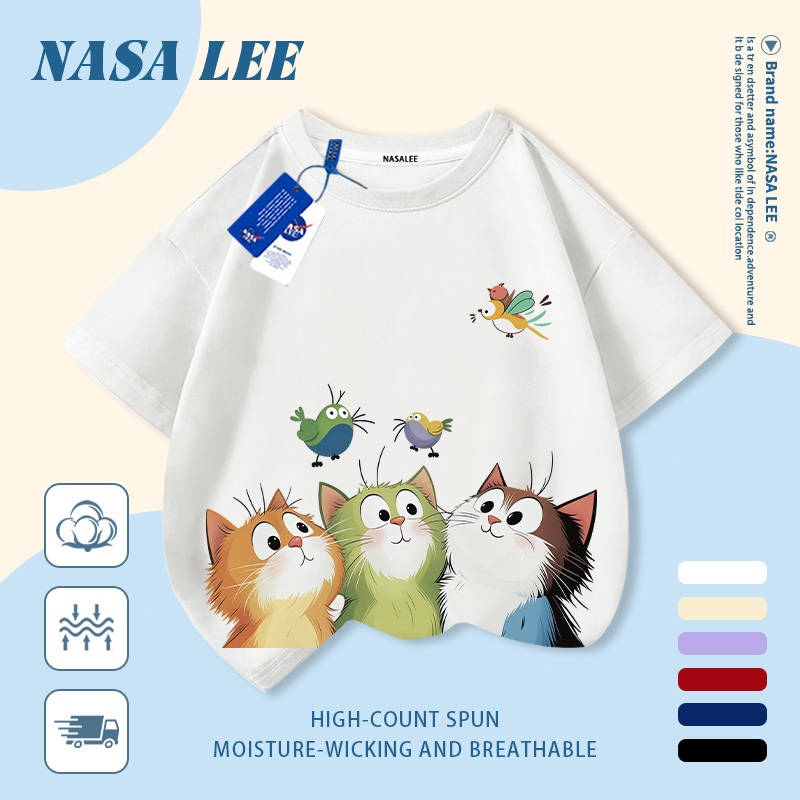 [Giao hàng trong ngày] Áo thun Cotton trắng nguyên chất thoáng khí cho trẻ em NASA Ba chú mèo con in hợp thời trang 3-16 tuổi Bé trai bé gái tay ngắn thông thường 1