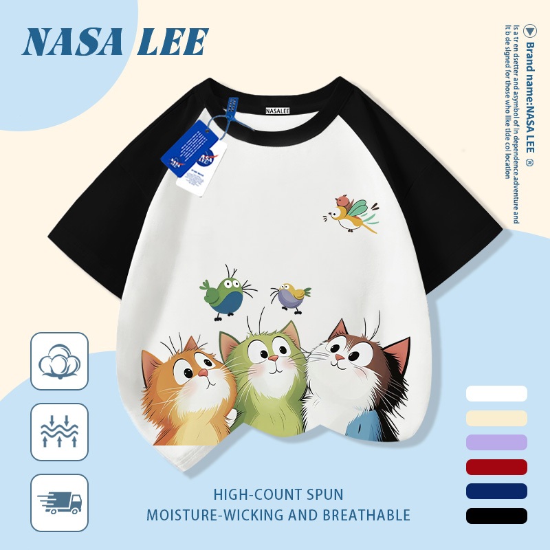 [Giao hàng trong ngày] Áo thun Cotton trắng nguyên chất thoáng khí cho trẻ em NASA Ba chú mèo con in hợp thời trang 3-16 tuổi Bé trai bé gái tay ngắn thông thường 1