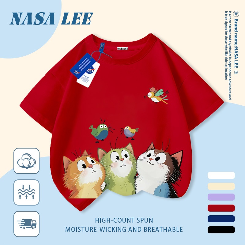 [Giao hàng trong ngày] Áo thun Cotton trắng nguyên chất thoáng khí cho trẻ em NASA Ba chú mèo con in hợp thời trang 3-16 tuổi Bé trai bé gái tay ngắn thông thường 1